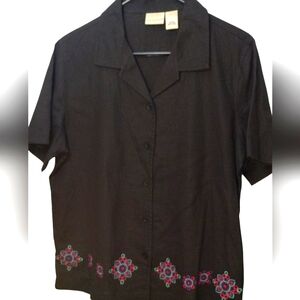 Linen Blend Button Down Collar Top with Embroidery